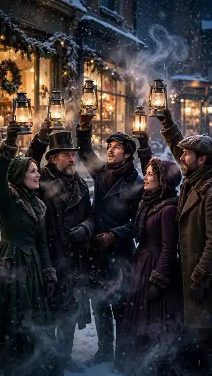 Carolers Singing in Falling Snow
