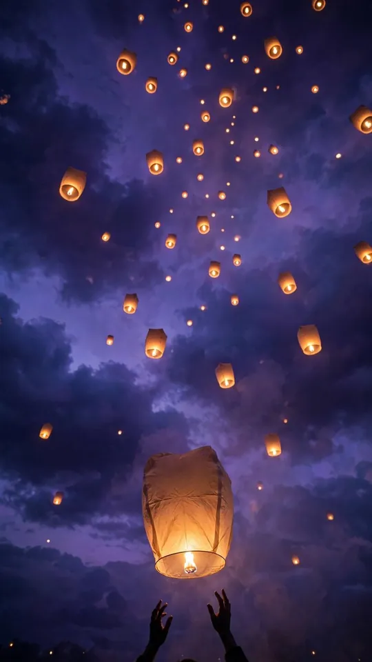 Sky Lanterns Rising at Dusk