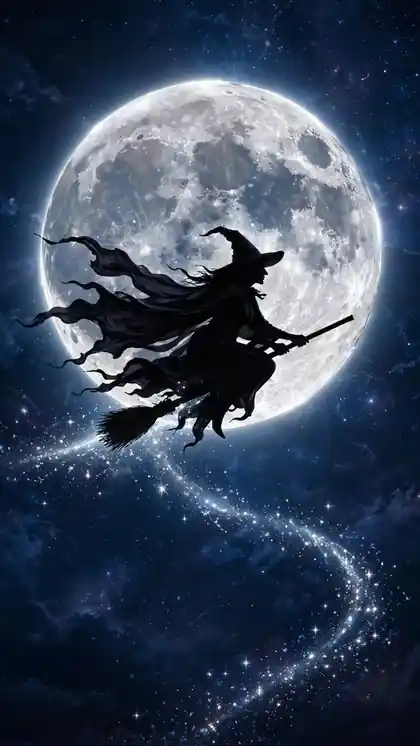 Witch Silhouette Across the Moon