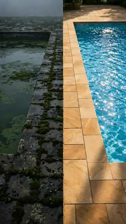 Mossy Pool Deck Blasted Back to Clean Stone